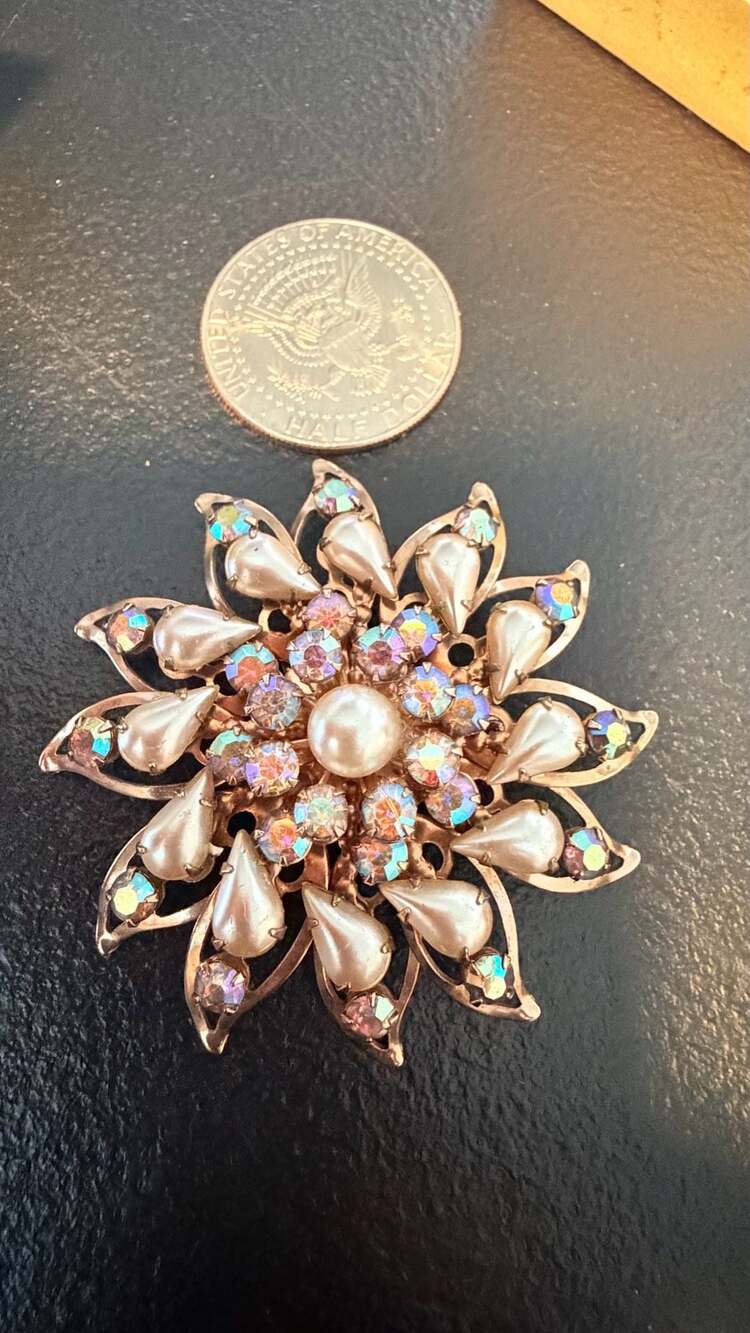 Vintage Mid-Century Floral Brooch W/ Faux Pearls & Aurora Borealis Rhinestones